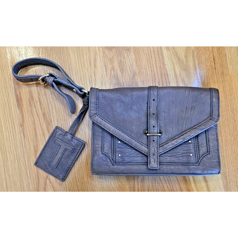 Tory Burch 797 Gray Leather Clutch Adjustable Strap Quiet Luxury Y2K Designer